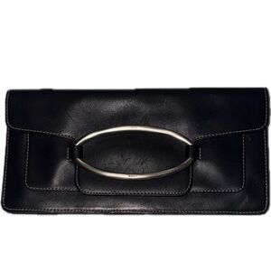 DKNY Black Leather Silver Buckle Minimal Envelope Style Clutch